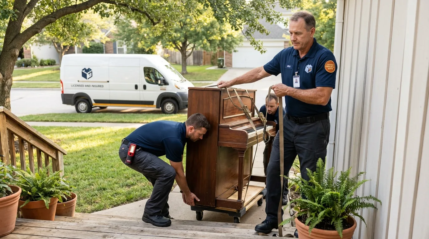 Licensed piano movers securing grand piano in Newnan, GA