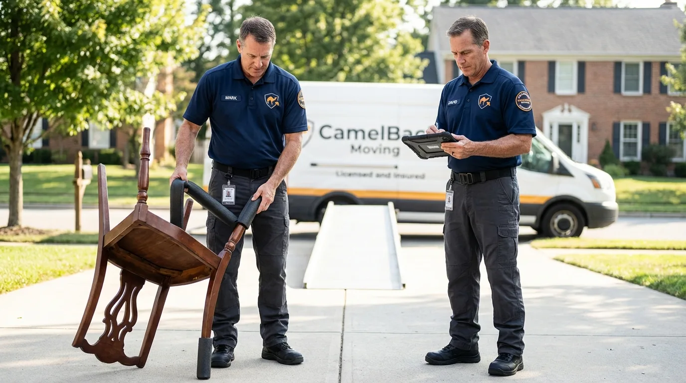Movers inspecting furniture for damage prevention before loading in Newnan, GA