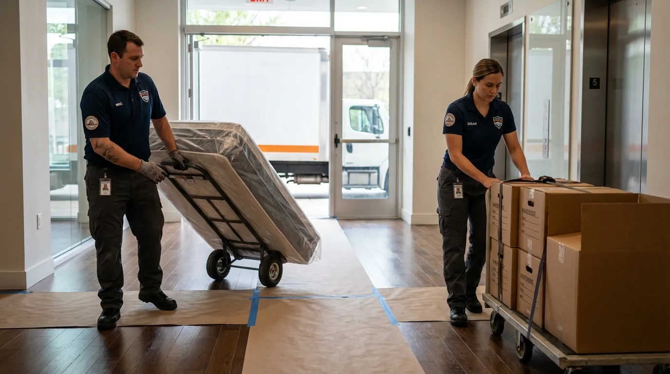 Professional apartment movers loading elevator in Newnan, GA