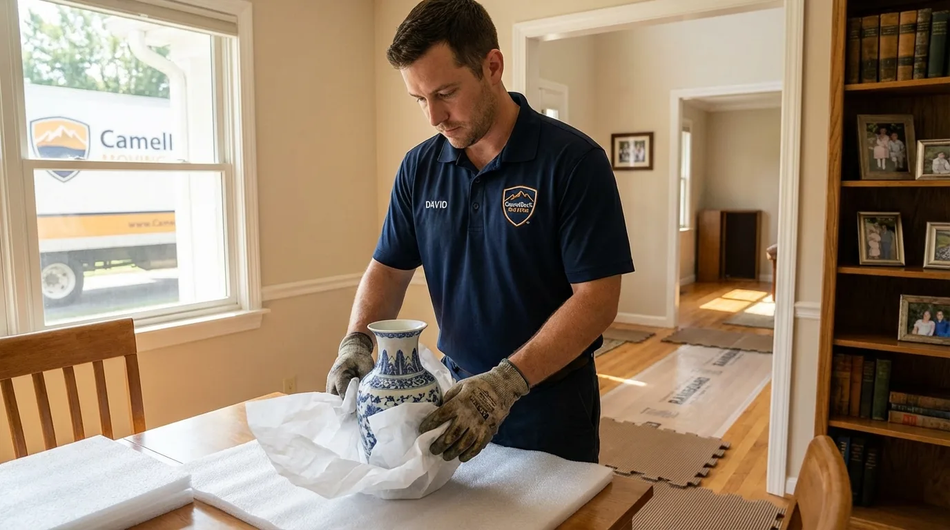 Professional crew carefully wrapping antique vase for senior downsizing move in Newnan, GA